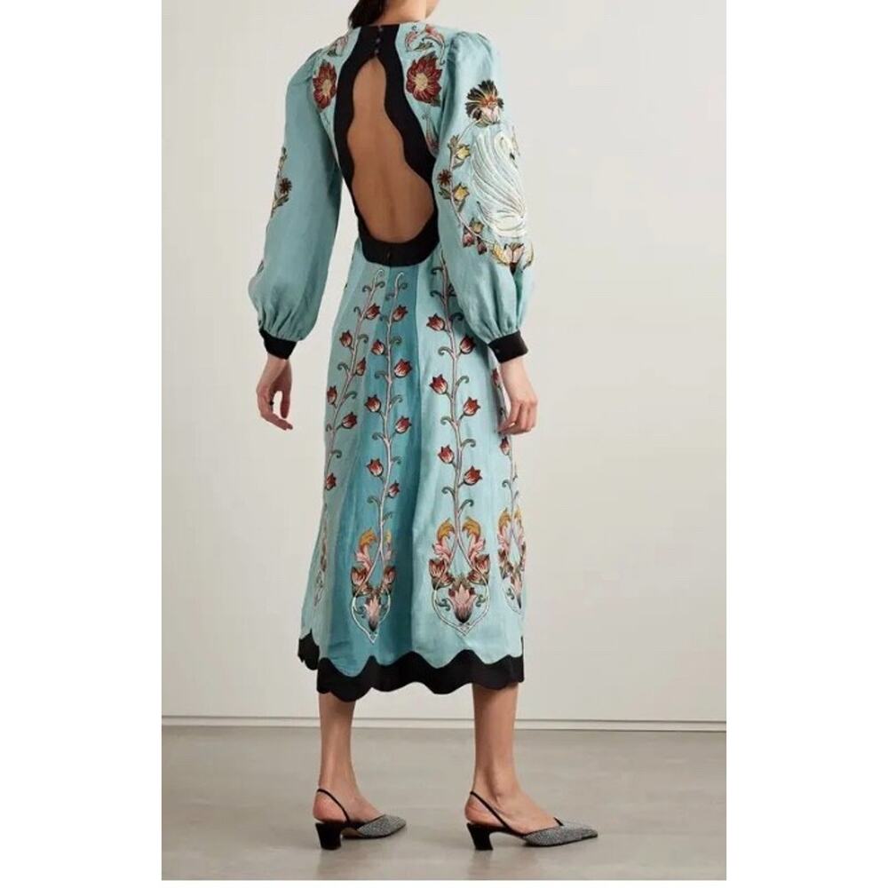 New! Farm Rio Flowing Beauty Blue Embroidered Long Sleeve  A-Linen Dress SzS - Picture 2 of 11